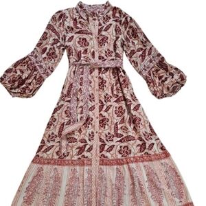 Ash & Eden Boho Prairie Floral Pintuck Puff Sleeve Button Up Tie Belt Maxi Dress